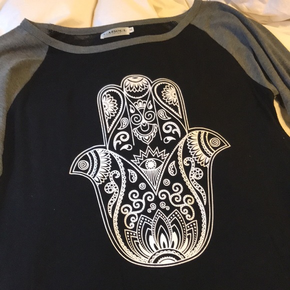 Hamsa women’s sz M black & grey top 3/4 sleeves - Picture 2 of 5